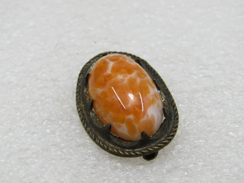 Designer gemstone brooch-Vintage Orange & White Czech Glass Brooch, 1930's, C-Clasp, 1.25" by 3/4" oval