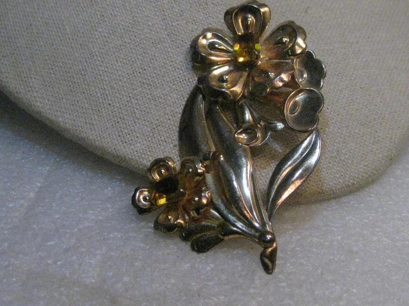 Classic gemstone brooch-Vintage 1940's Sterling Rhinestone Brooch, Yellow Stones, 3-3.8" Tall, 18.95 gr.