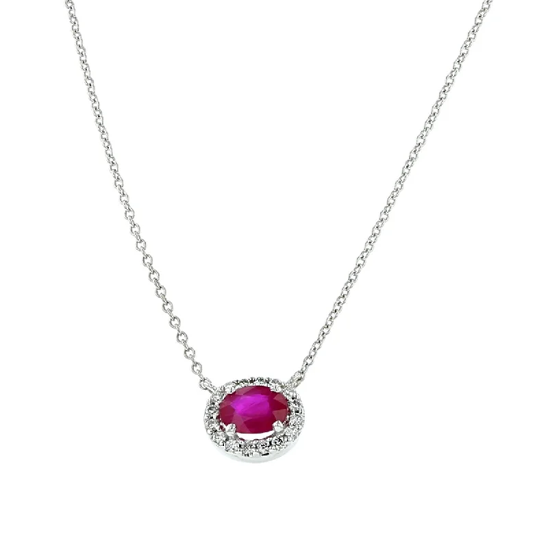 Trendy layered necklaces for modern style -Oval Ruby and Diamond Halo Pendant Necklace