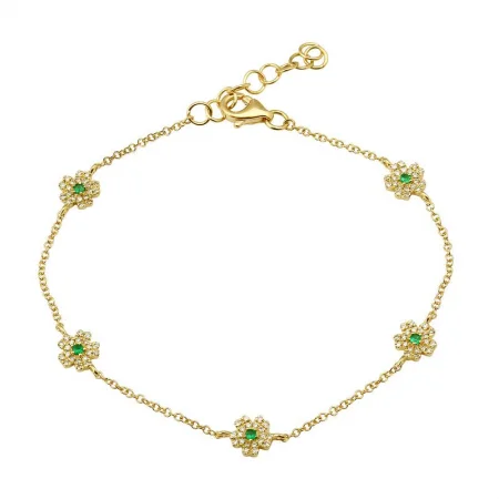 Unisex leather bracelets-14k Yellow Gold Emerald Flower Bracelet