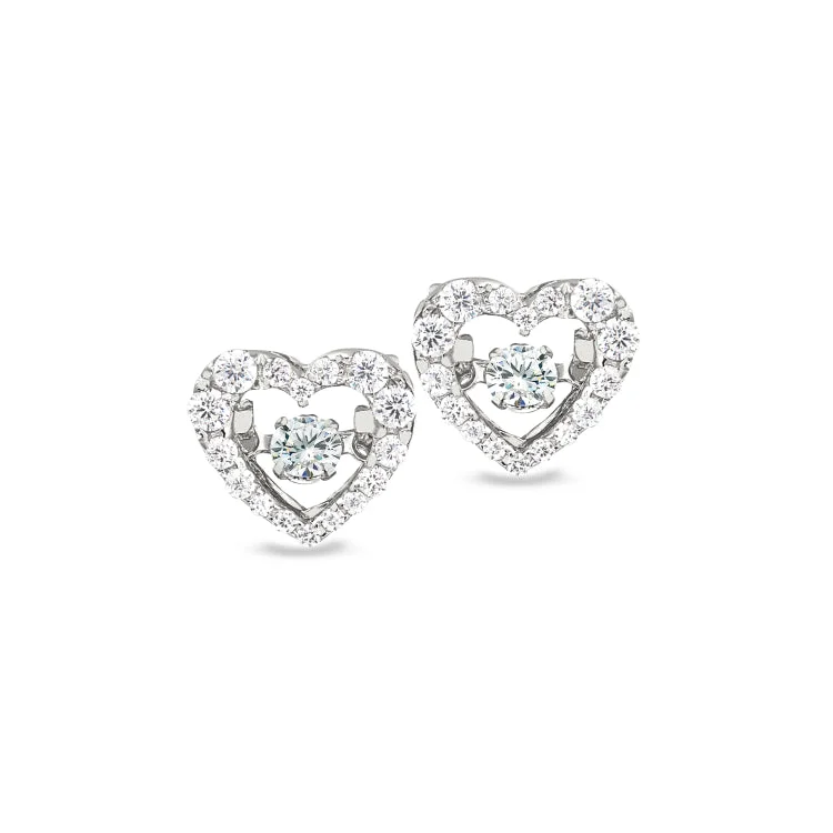 Trendy gemstone earrings for modern fashion -Platinum Finish Sterling Silver Micropave Dancing Stone Heart Earrings with Simulated Diamonds