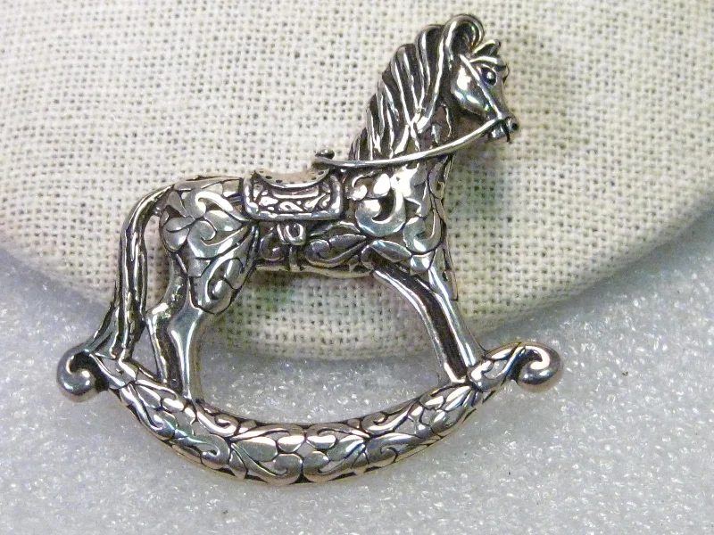 Lace brooch-Vintage Sterling Silver Rocking Horse Brooch, 2" wide, scolled/filigree design, 10.75 grams