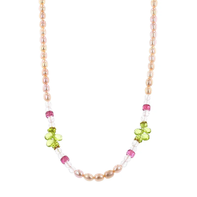 Chic silver necklaces for minimalist designs -Pink Freshwater Pearl, Peridot and Tourmaline Necklace