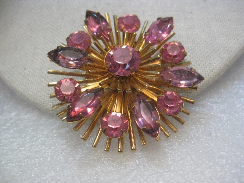 Sunflower brooch-Vintage Gold Tone  Pink Rhinestone 1940's Tiered Brooch/Pendant, 2"