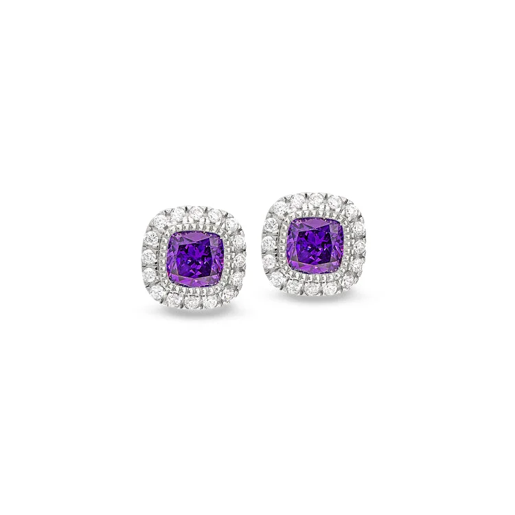 Gold hoop earrings for classic style -Platinum Finish Sterling Silver Micropave Simulated Amethyst Earrings with Simulated Diamonds