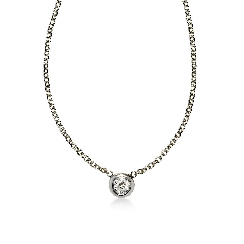 Simple silver chain necklaces for timeless style -Bezel Set Diamond Solitaire Necklace, .11 Carat, 14K White Gold