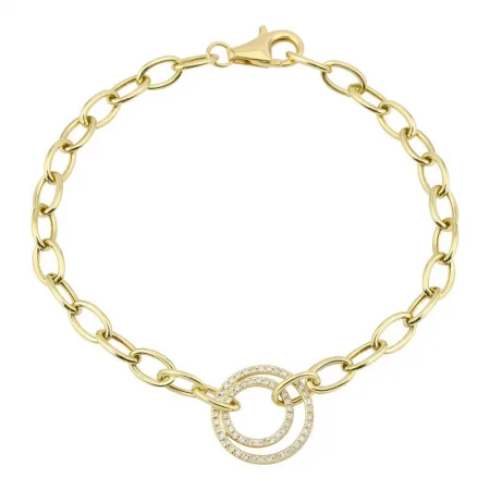 Rose gold charm bracelets-14k Yellow Gold Diamond Double Circle Link Chain Bracelet