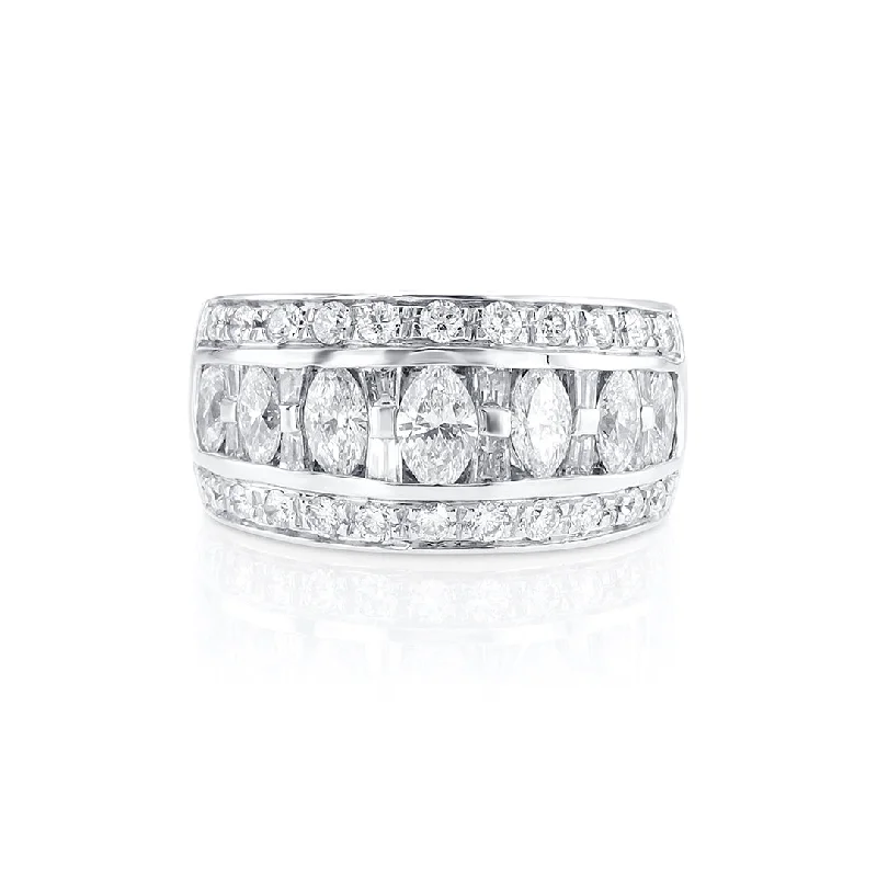 Simple gold wedding rings for timeless elegance -1.98 Cttw Marquise, Baguette, and Round Diamond 18K White Gold Fashion Band