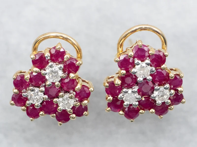 Sparkling crystal stud earrings for glamorous style -Ruby and Diamond Cluster Stud Earrings with Omega Backs