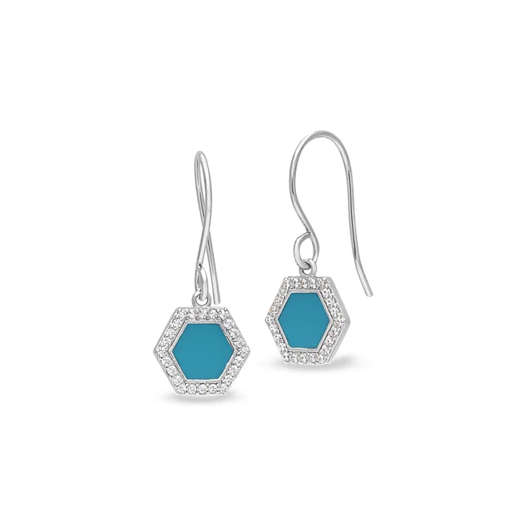 Crystal chandelier earrings for festive events -Platinum Finish Sterling Silver Micropave Turquoise Enamel Hexagon Drop Earrings with Simulated Diamonds