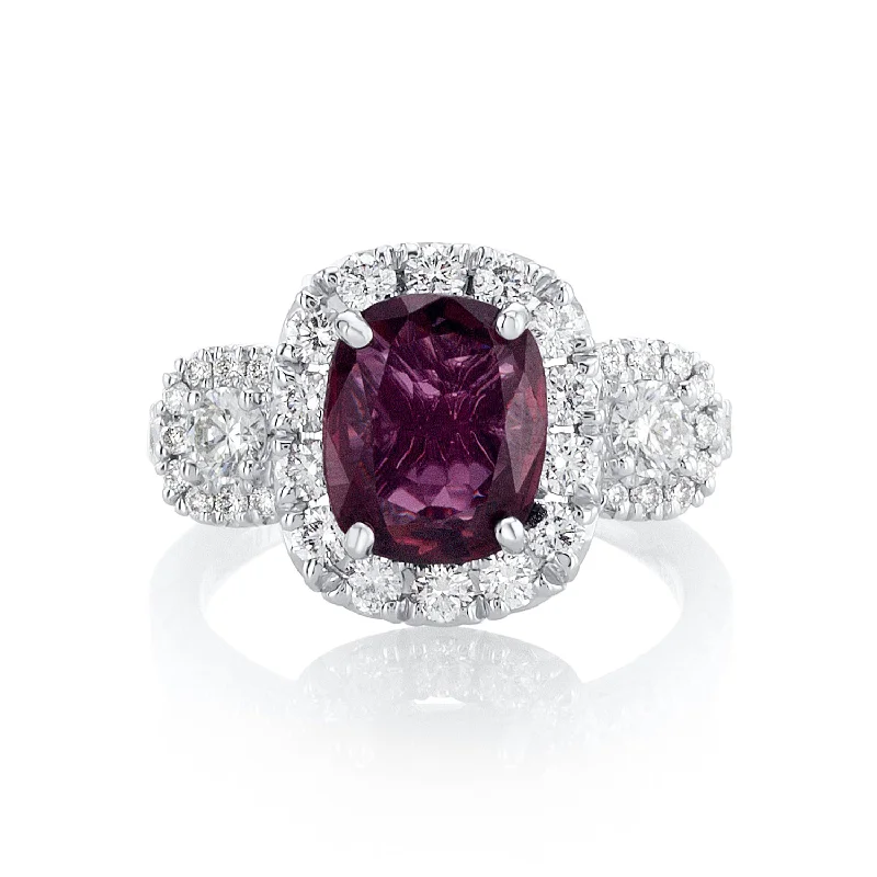 Custom gemstone rings for vibrant color -Ruby and Diamond Three-Stone Halo Ring set in 18K White Gold