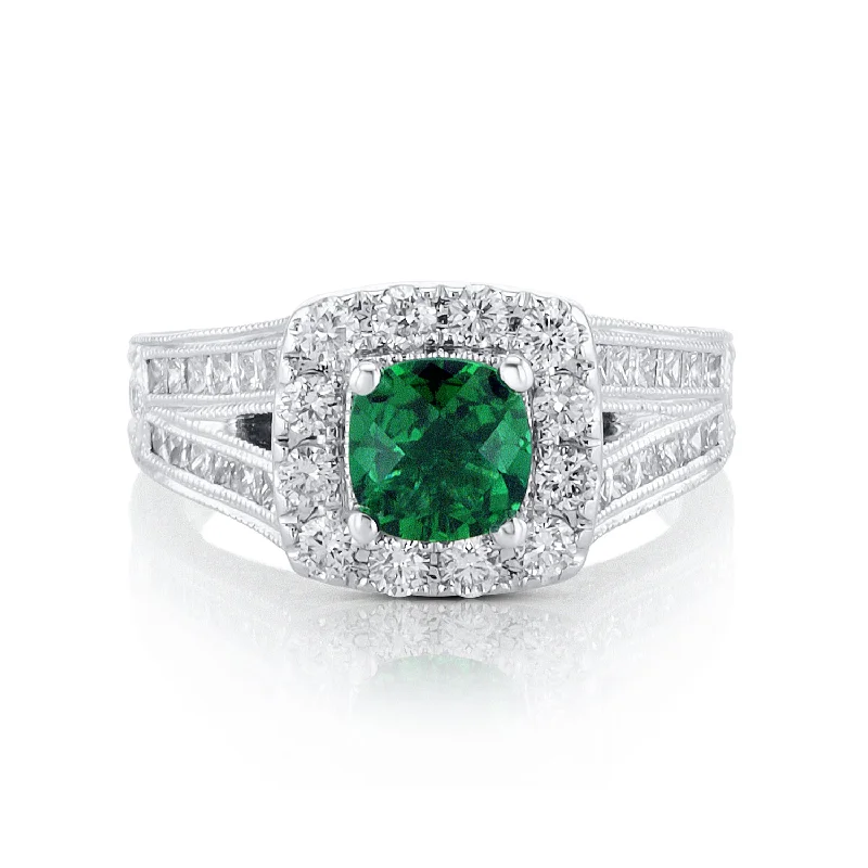 Designer rings for luxury fashion -0.75 Carat LAB Grown Emerald & Natural Diamond Ring in 14K White Gold