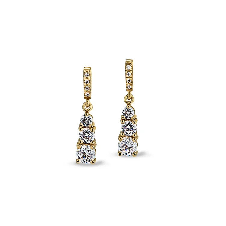 Colorful enamel earrings for playful looks -Gold Finish Sterling Silver Micropave 3 Stone Drop Earrings with Simulated Diamonds