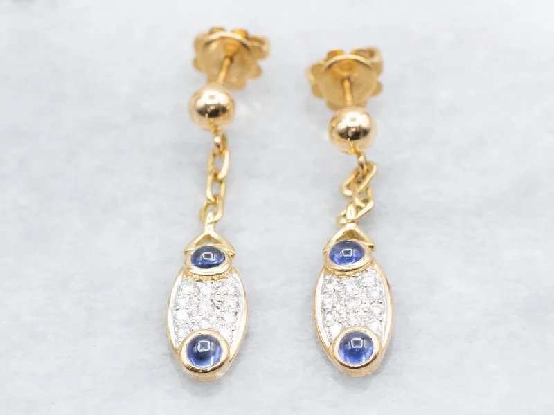 Dainty stud earrings for minimalist style -Sapphire Cabochon and Diamond Gold Drop Earrings