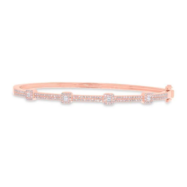 Bracelets for women-14K Rose Gold Round and Baguette Diamond Bangle