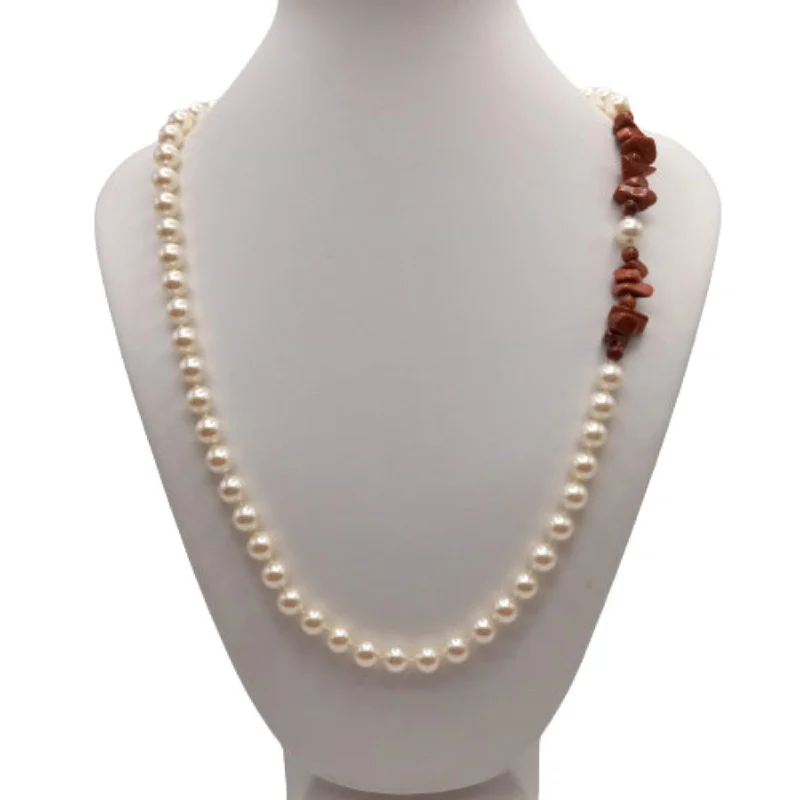 Trendy chokers with gemstone accents -Pearl and Polished Sandstone Necklace with Spring Ring Clasp