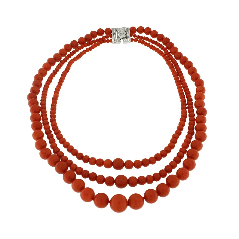 Elegant necklaces for women -Graduated 3 Strand Coral Bead and Diamond Necklace