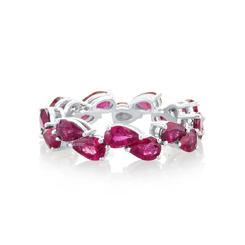 Trendy gemstone rings for vibrant style -4.55 Cttw Pear Ruby 18K White Gold Eternity Band