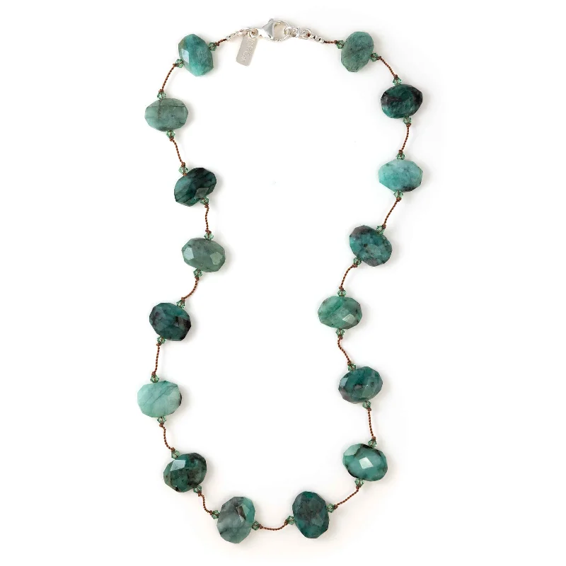 Luxury pearl and gold necklaces for elegant style -Raw Emerald and Swarovski Crystal Necklace, Sterling Silver