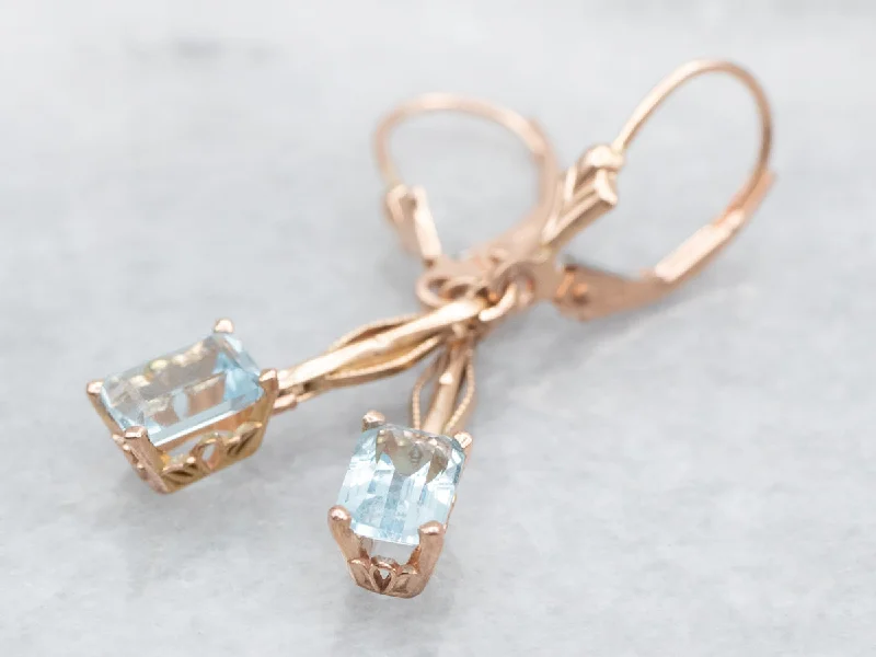 Statement earrings for bold fashion -Rose Gold Emerald Cut Blue Topaz Drop Earrings