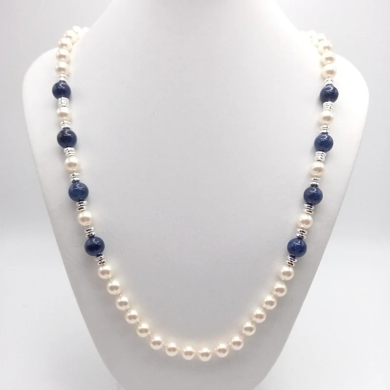 Handcrafted silver necklaces for artisanal charm -Pearl and Sodalite Necklace with a sparkling Ball Clasp