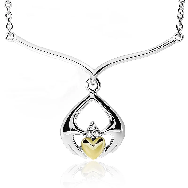 Vintage-style necklaces with antique designs -Sterling Silver and 14K Gold Mix - Diamond Claddagh Necklace UPS-6170