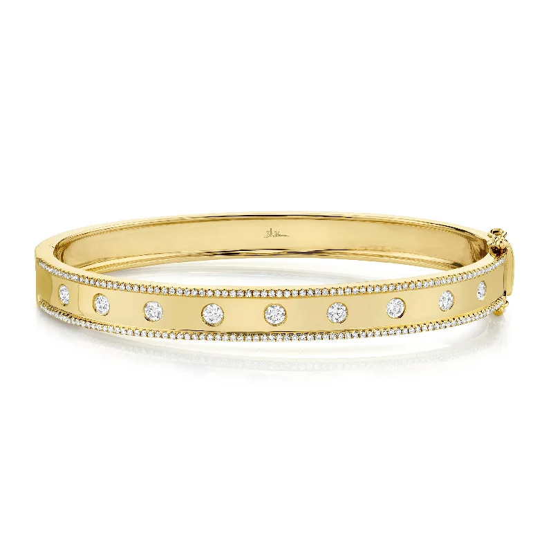 Elegant bracelets-14K Yellow Gold Diamond Border Hinged Bangle (Medium)