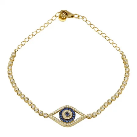 Engraved silver bracelets-14K Yellow Gold Diamond + Sapphire Evil Eye Tennis Chain Bracelet