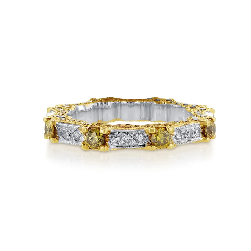 Fashionable silver rings with gemstone accents -1.55 CT Round Fancy Yellow and Diamond Milgrain 18K Two Tone Gold Eternity Band