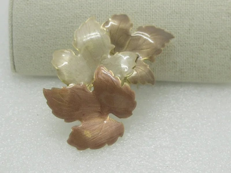 Brooch for evening wear-Vintage Enameled Fall Leaves Brooch 3", Gold Tone, 1960's-1970's