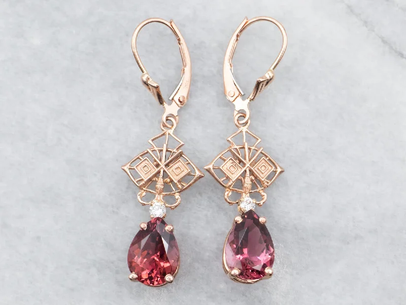 Trendy ear cuffs for bold fashion statements -Rose Gold Pink Tourmaline Drop Earrings with Diamond Accents