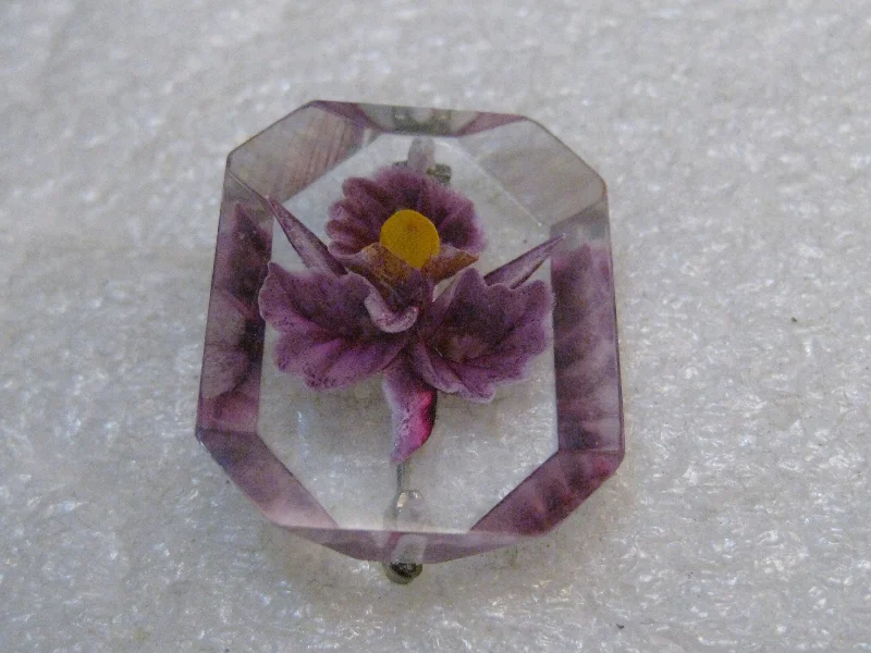 Celestial brooch-Vintage Lucite Reverse Carved Orchid, Purple, Beveled, 1.25" - Mid-Century