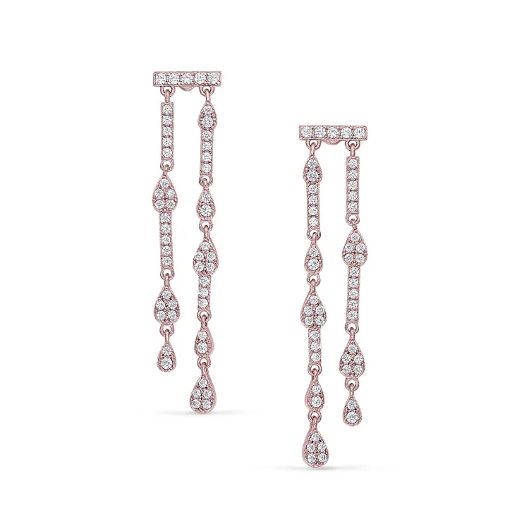 Custom gold earrings with initials -Rose Gold Finish Sterling Silver Micropave Two Row Drop Earrings with Simulated Diamonds