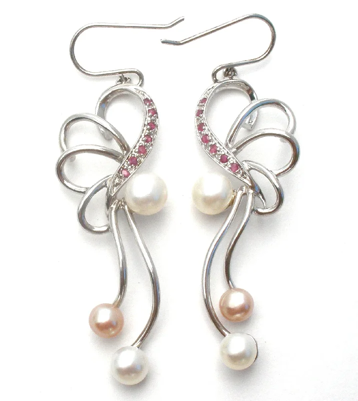 Silver earrings with gemstone accents -Pearl & Ruby Dangle Earrings Sterling Silver