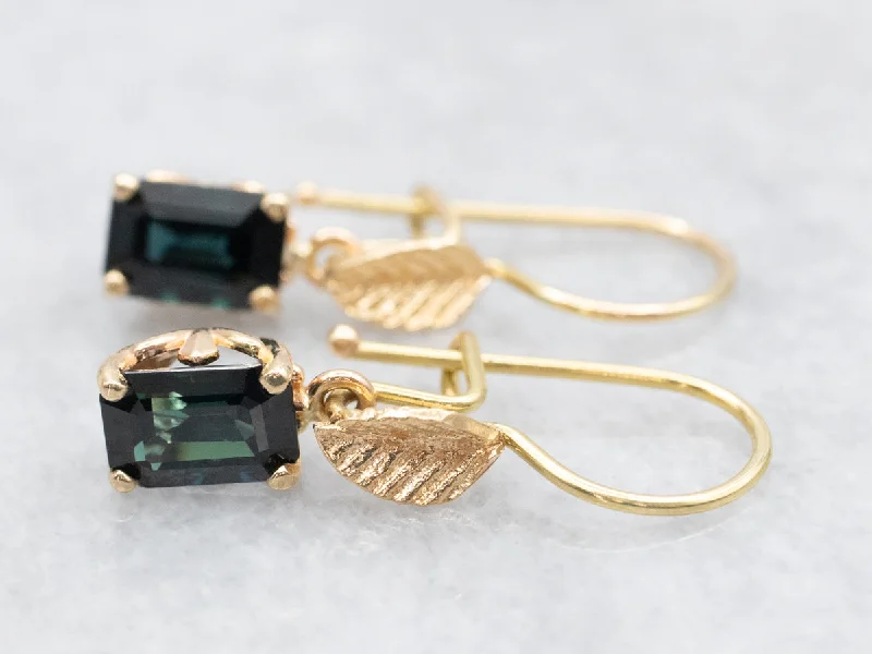 Luxury gemstone earrings with sapphires -Gold Leaf Teal Sapphire Drop Earrings