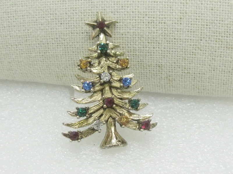 Brooch with crystals and pearls-Vintage Eisenberg Ice Christmas Tree Brooch, Colored Rhinestones, 2", Gold Tone