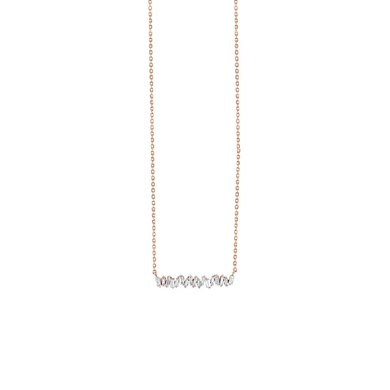 Simple silver bar necklaces for understated elegance -18 Karat Rose Gold Horizontal Necklace with White Diamond Baguettes