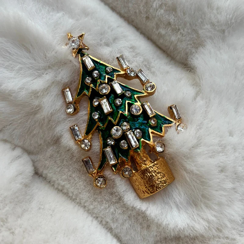 Antique rhinestone brooch-Green Christmas tree brooch in enamel with candles