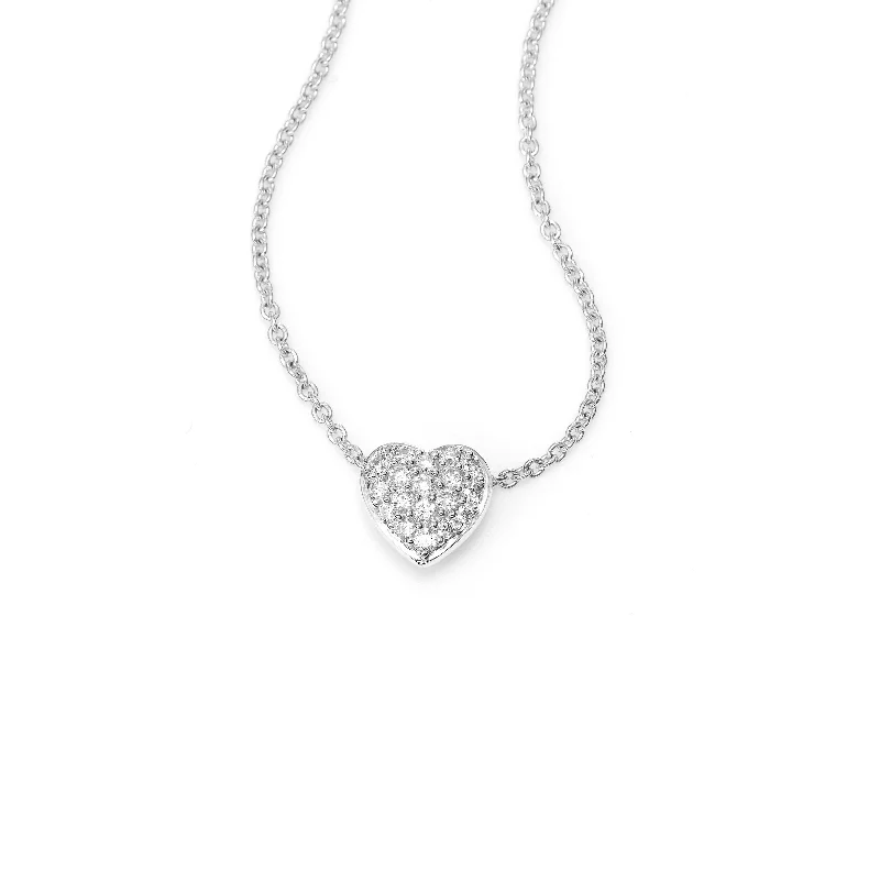 Simple gold necklaces for casual elegance -Small Pavé Diamond Heart Necklace, 14K White Gold