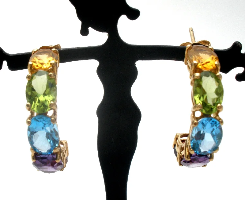 Fashionable dangling earrings for evening parties -Multi Gemstone Hoop Earrings 14K Gold