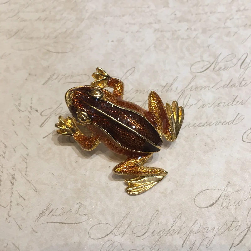 Art Nouveau brooch-Vintage Frog Brooch Brown Amber Enamel Gold