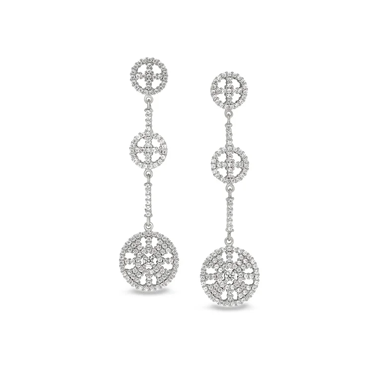 Silver drop earrings with delicate chains -Platinum Finish Sterling Silver Micropave Three Circle Drop Earrings with Simulated Diamonds