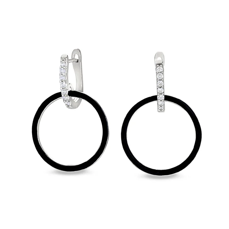 Luxury diamond earrings for evening wear -Platinum Finish Sterling Silver Micropave Black Enamel Open Hoop Earrings with Simulated Diamonds