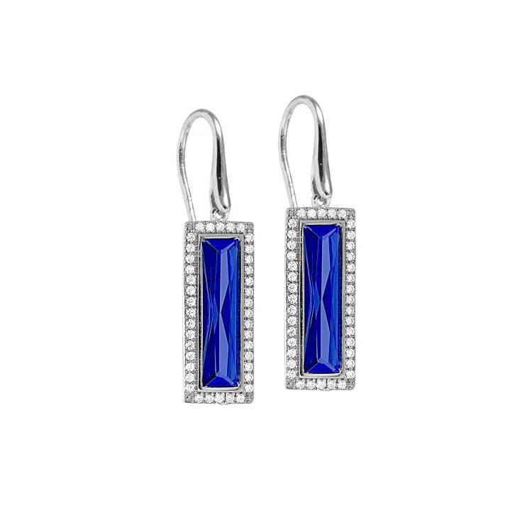 Trendy statement earrings for special occasions -Rhodium Finish Sterling Silver Earrings with Rectangular Simulated Sapphire Stones and Simulated Diamonds