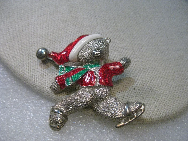 Luxury pearl brooch-Vintage Silver Tone Enameled Christmas Skating Bear Brooch, signed Gio