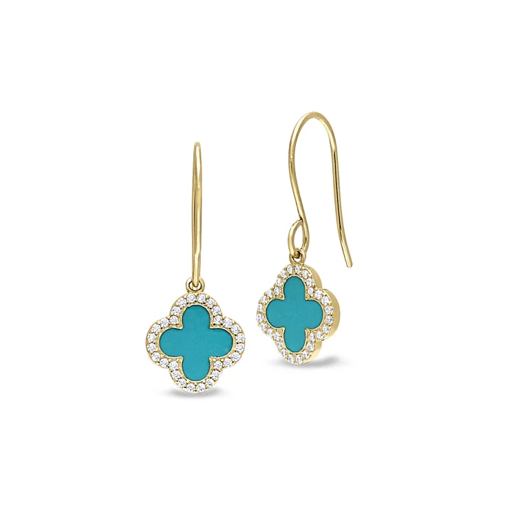 Silver hoop earrings with gemstone accents -Platinum Finish Sterling Silver Micropave Turquoise Enamel Clover Earrings with Simulated Diamonds