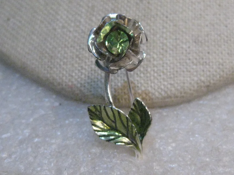 Unique brooch-Vintage Avon Rhinestone Rose Brooch, Enameled Leaves, signed Avon SH, Silver Tone