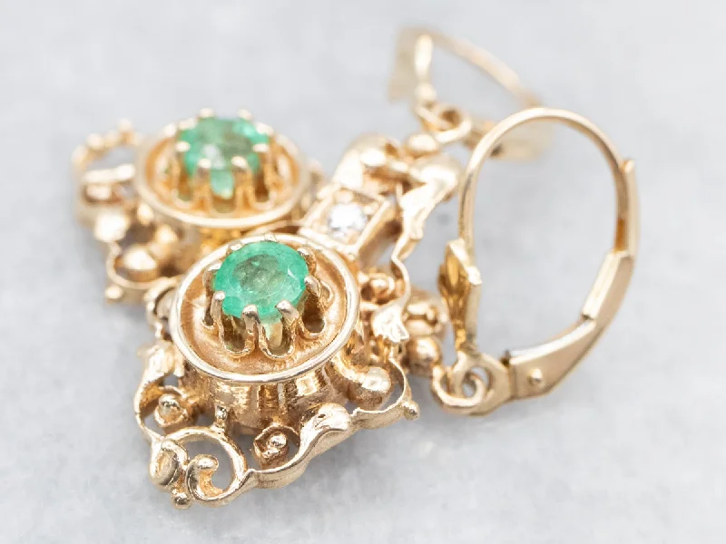 Vintage drop earrings with antique flair -Emerald and Diamond Ornate Gold Drop Earrings