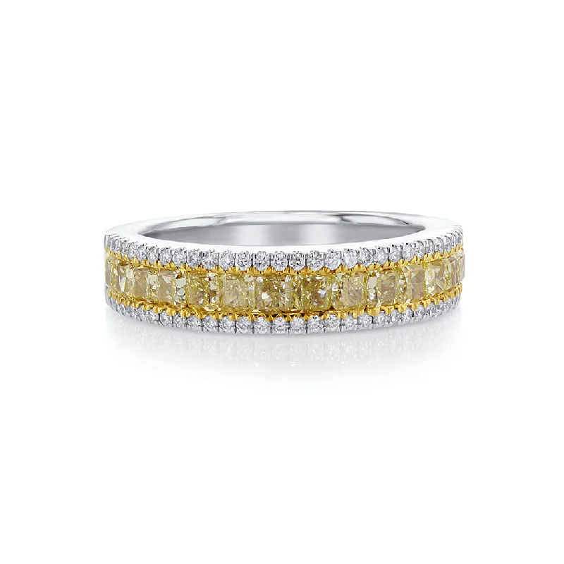 Bold statement rings with unique designs -1.25 CT Princess Fancy Yellow Diamond and 0.22 CT Round Diamond 18K Two Tone Band