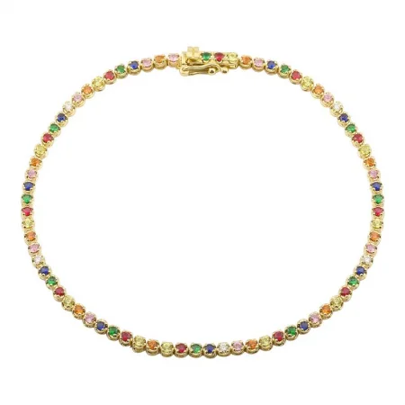 Custom bracelets-14k Yellow Gold Crown Prong Rainbow Tennis Bracelet